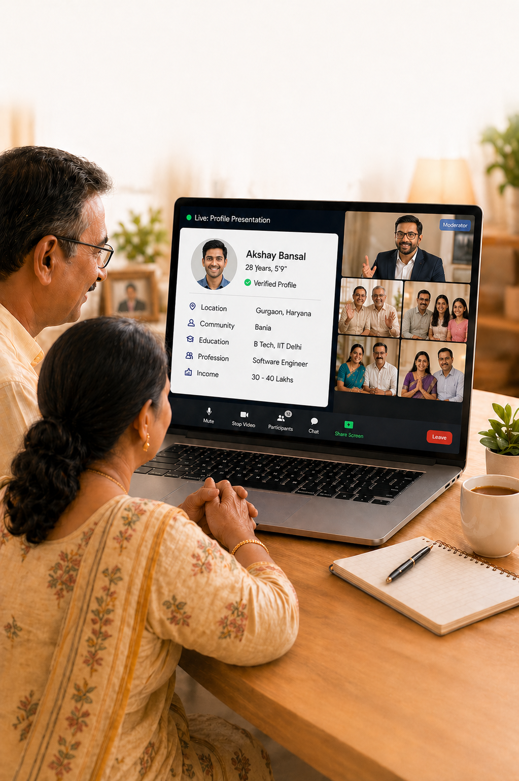 Indian parents attending a live matrimonial video meet on a laptop